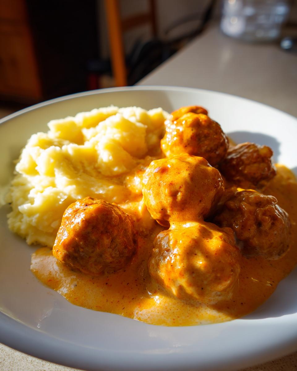 Teller mit saftigen Hackbällchen in Käse-Sahnesauce und cremigem Kartoffelpüree.
