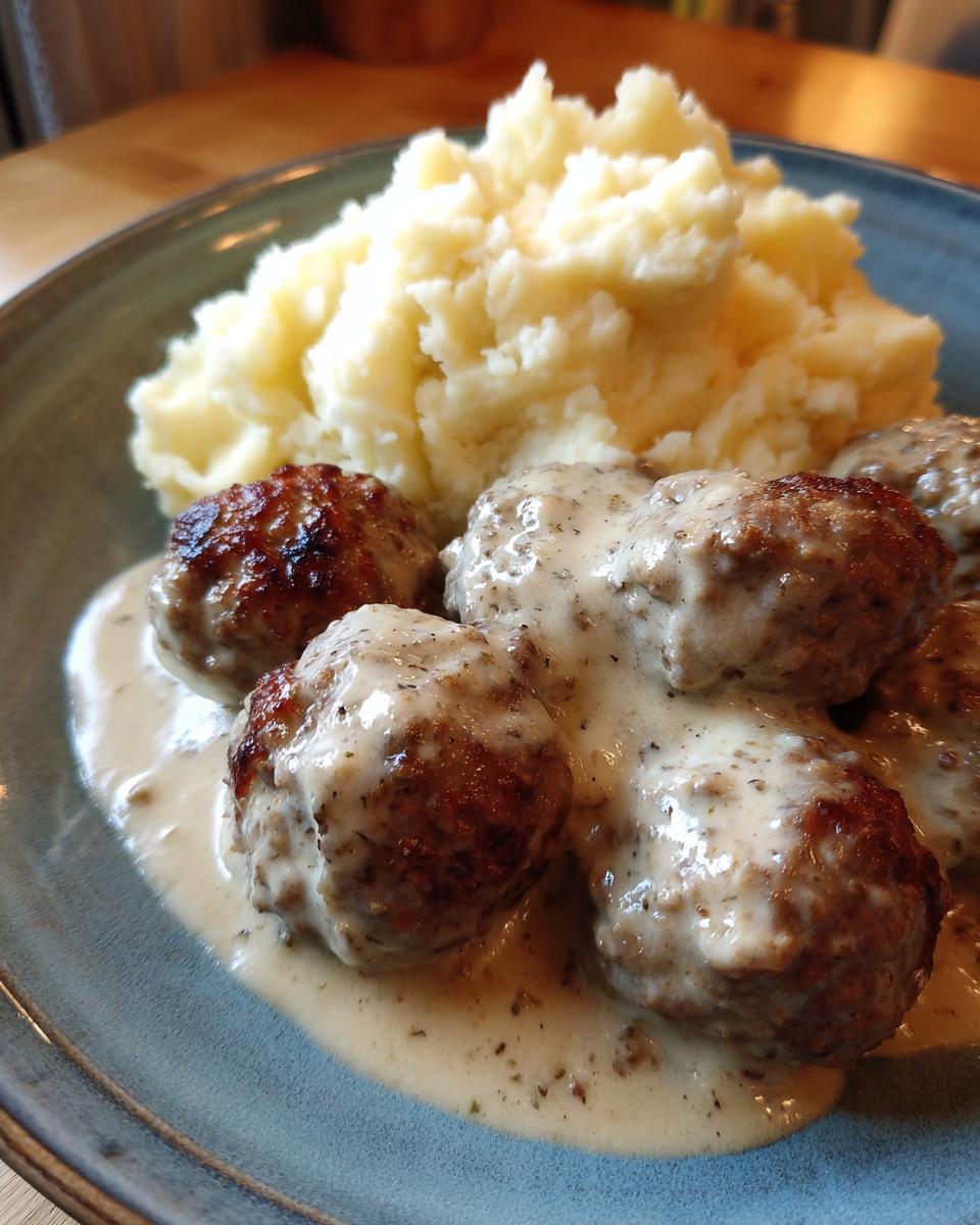 Teller mit saftigen Hackbällchen in cremiger Schmand-Sauce und lockerem Kartoffelpüree.