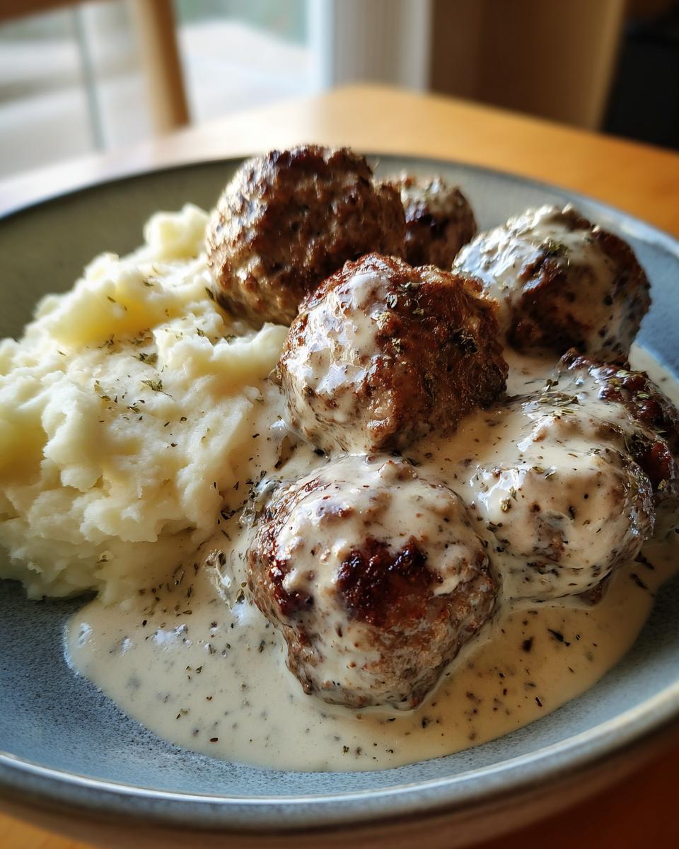 Nahaufnahme von saftigen Hackbällchen in Schmand-Sauce mit cremigem Kartoffelpüree.