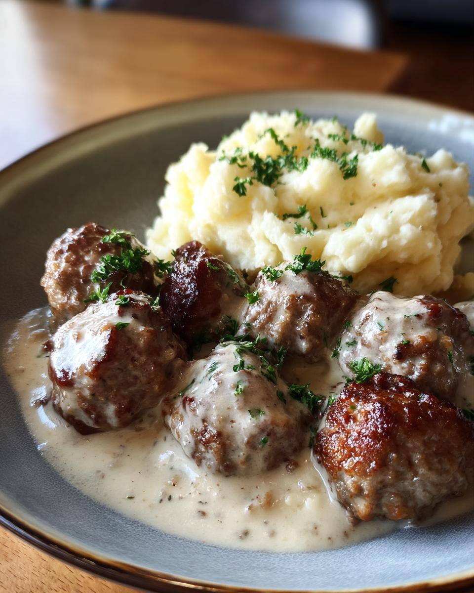 Teller mit saftigen Hackbällchen in cremiger Schmand-Sauce und fluffigem Kartoffelpüree, garniert mit Petersilie.
