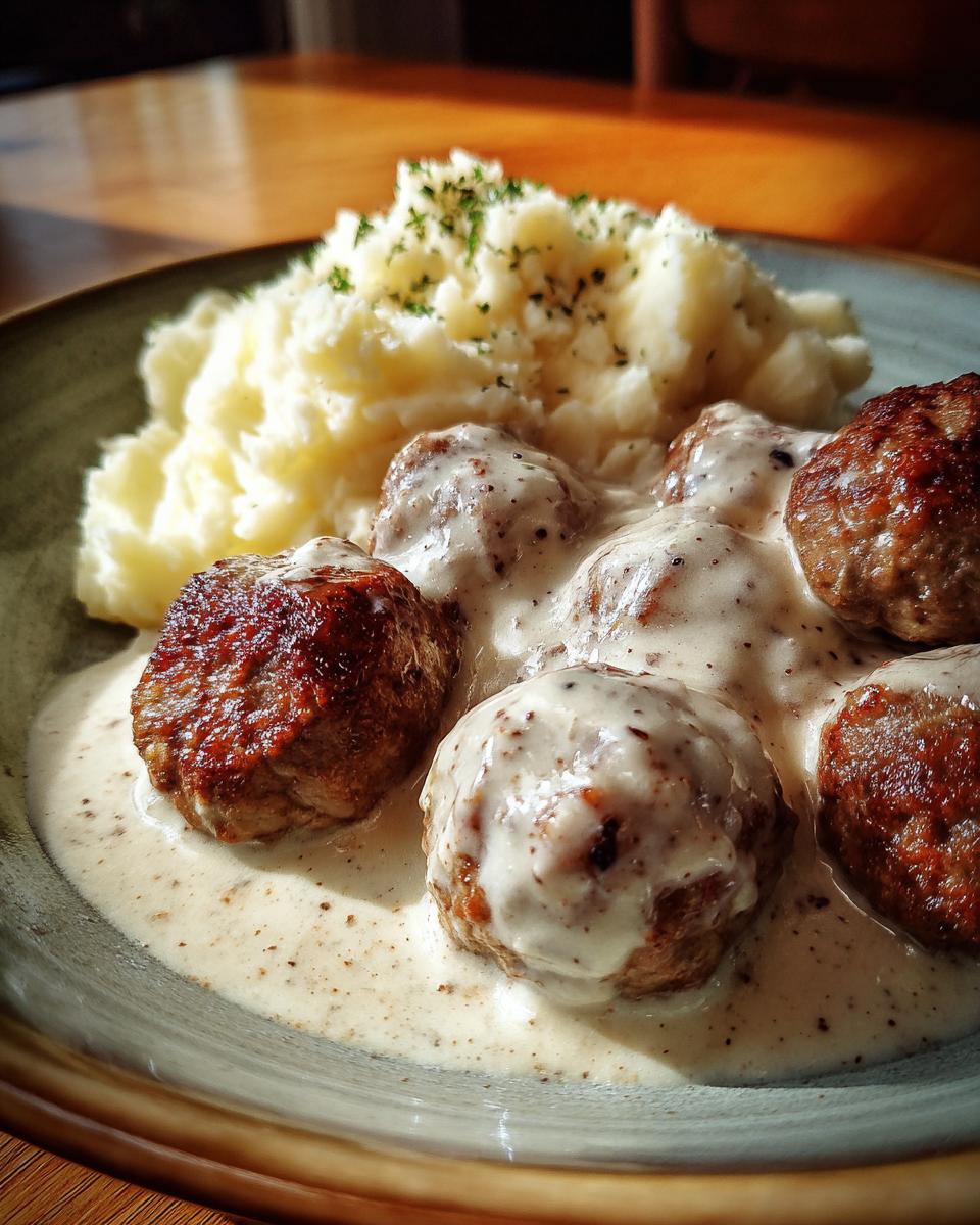 Teller mit saftigen Hackbällchen in cremiger Schmand-Sauce und fluffigem Kartoffelpüree.