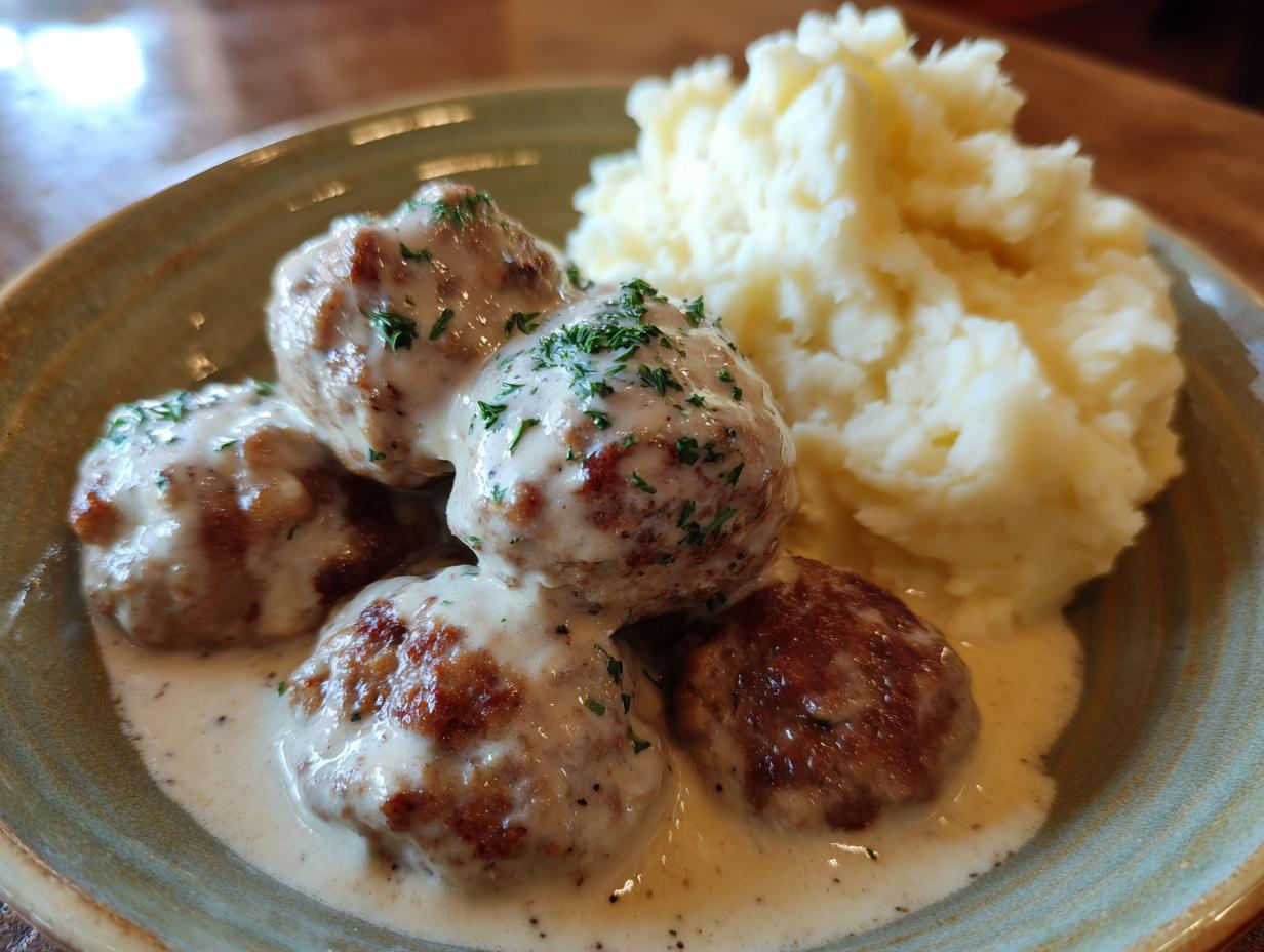 Vier saftige Hackbällchen in cremiger Schmand-Sauce, garniert mit Petersilie, neben einem Klecks Kartoffelpüree.