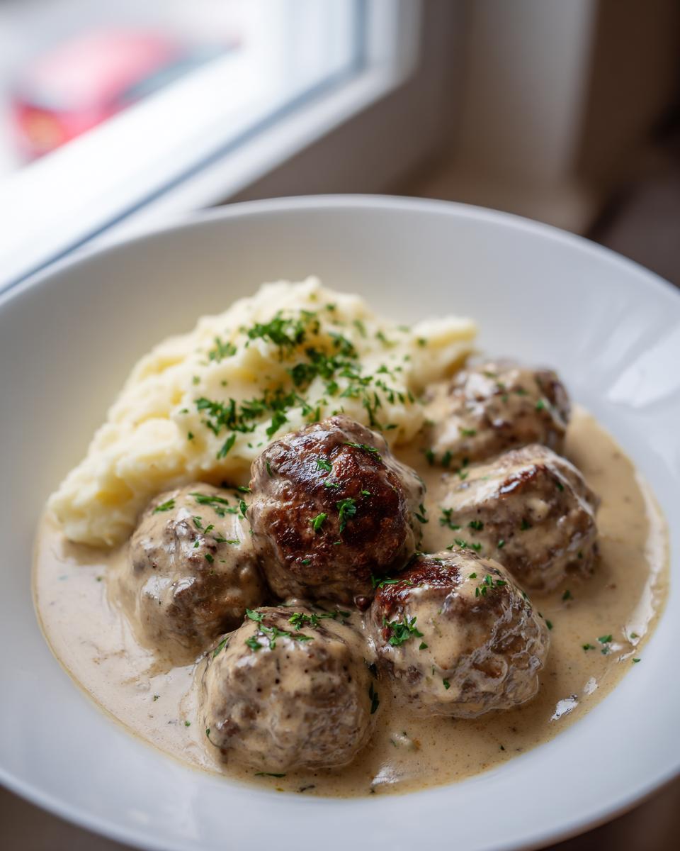 Teller mit saftigen Hackbällchen in Zwiebel-Sahnesauce und cremigem Kartoffelstampf.