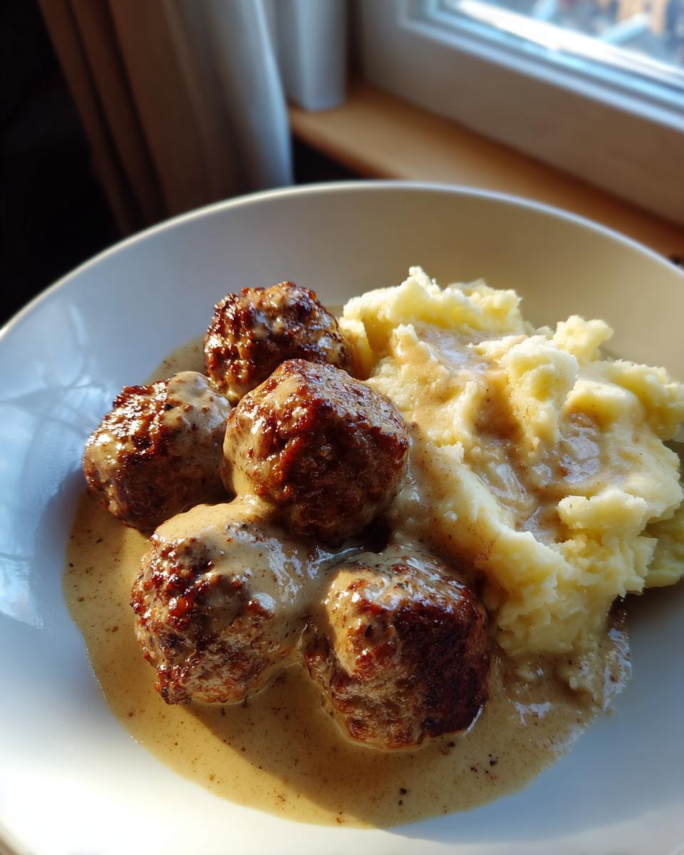 Vier saftige Hackbällchen in cremiger Zwiebel-Sahnesauce neben lockerem Kartoffelstampf in einer weißen Schale.