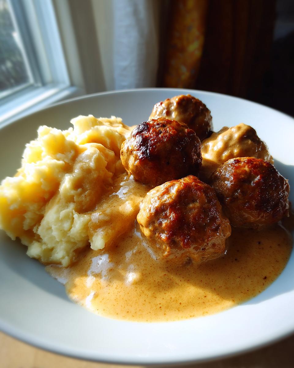 Teller mit saftigen Hackbällchen in cremiger Zwiebel-Sahnesauce und lockerem Kartoffelstampf.