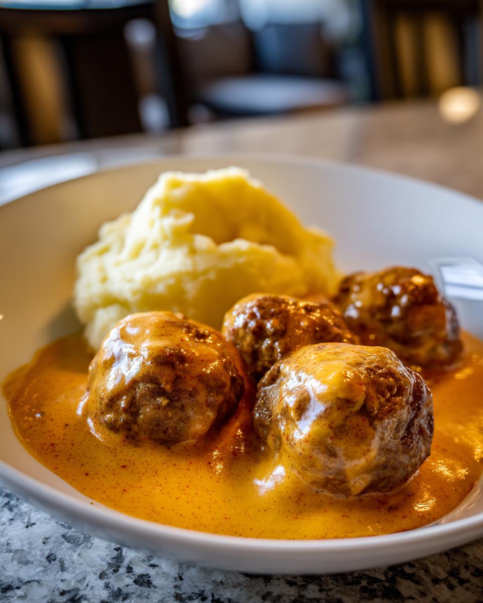Drei saftige Hackbällchen in cremiger Käse-Sahnesauce mit einer Portion Kartoffelpüree.