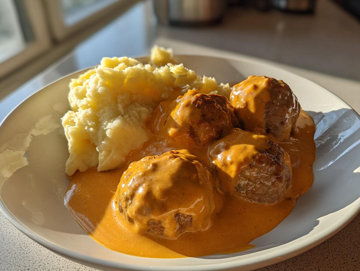 Vier saftige Hackbällchen in cremiger Käse-Sahnesauce mit einer Portion fluffigem Kartoffelpüree auf einem weißen Teller.