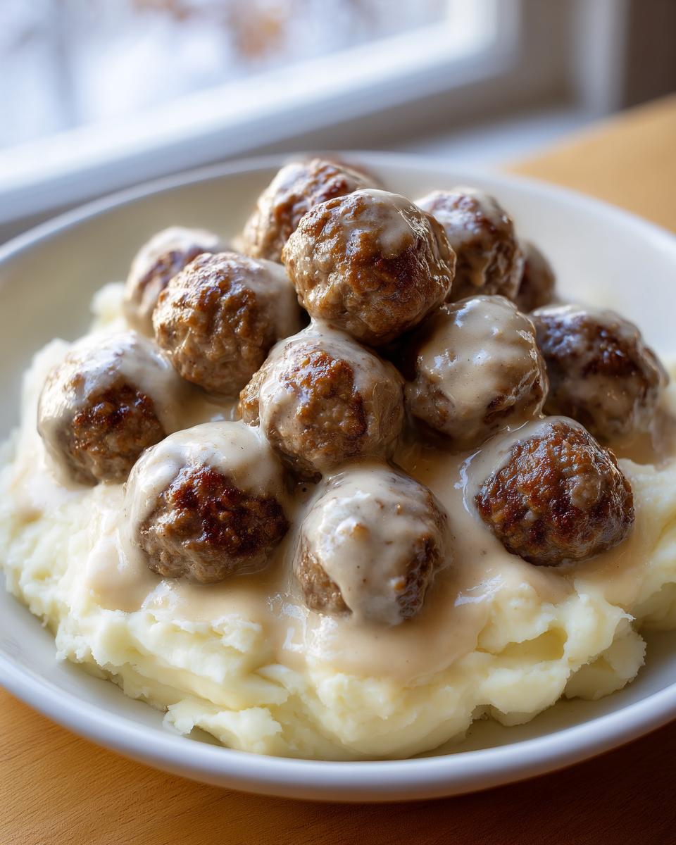 Nahaufnahme von saftigen Hackbällchen mit Kartoffelpüree und cremiger Rahmsauce in einer weißen Schale.