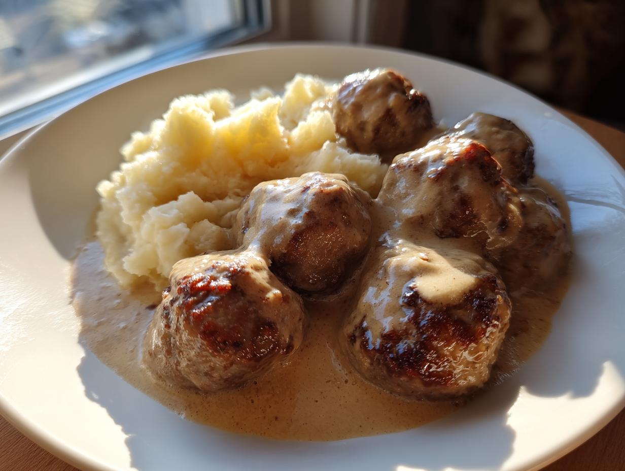 Teller mit saftigen Hackbällchen in cremiger Zwiebel-Sahnesauce und lockerem Kartoffelstampf.