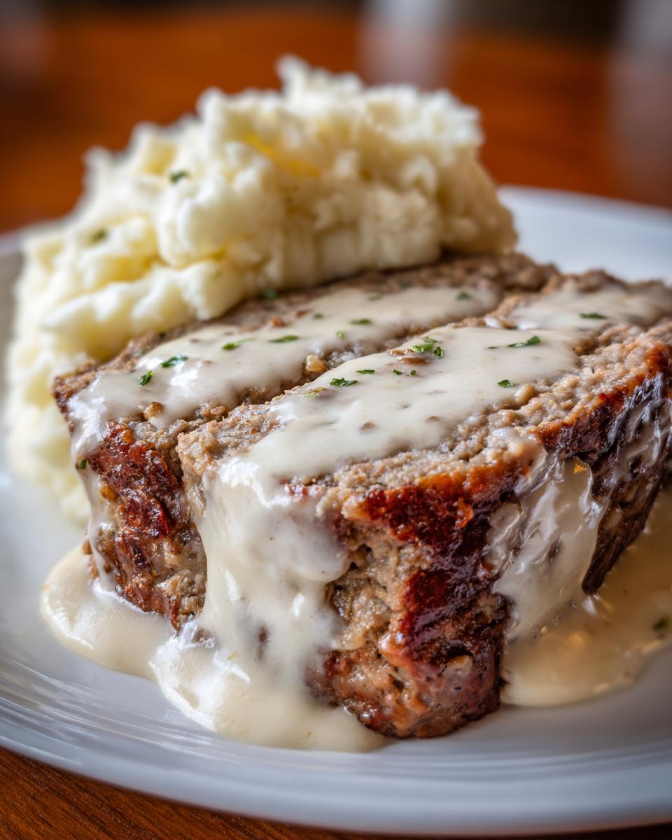 Zwei Scheiben Hackbraten mit reichlich Rahmsauce und einer Portion Kartoffelpüree.