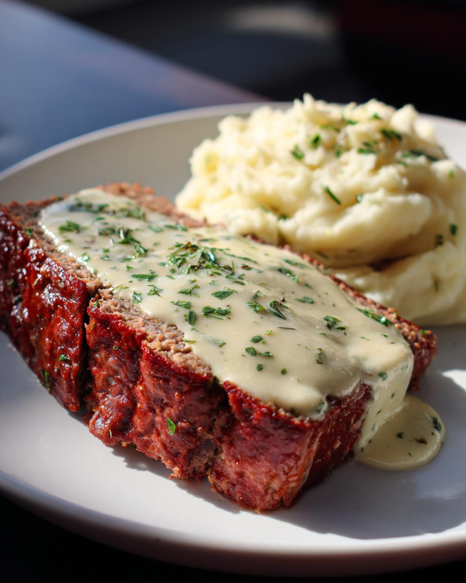 Ein saftiger Anschnitt von Hackbraten mit Rahmsauce und einer Portion Kartoffelpüree.