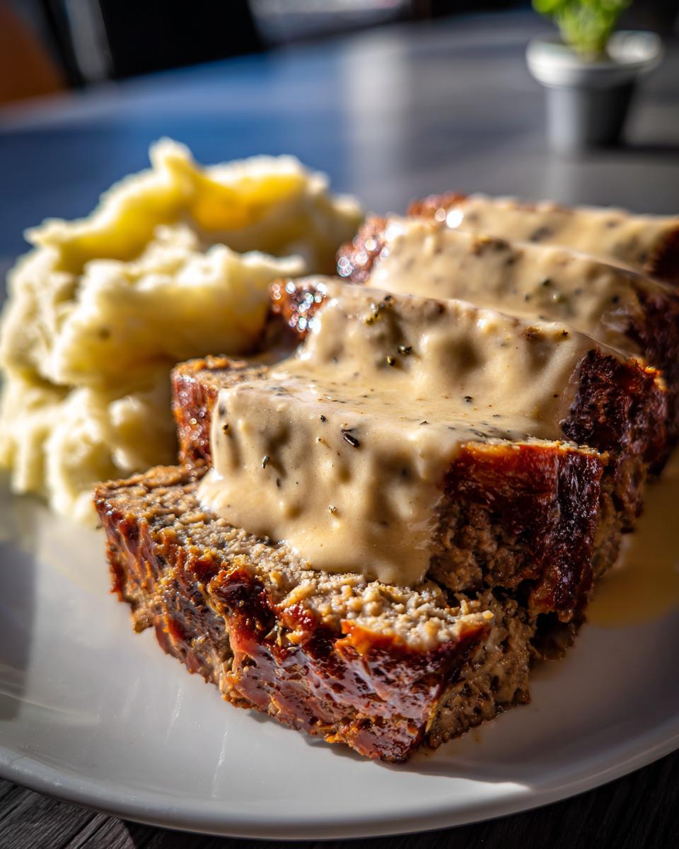 Drei saftige Scheiben Hackbraten mit cremiger Rahmsauce und Kartoffelpüree auf einem weißen Teller.
