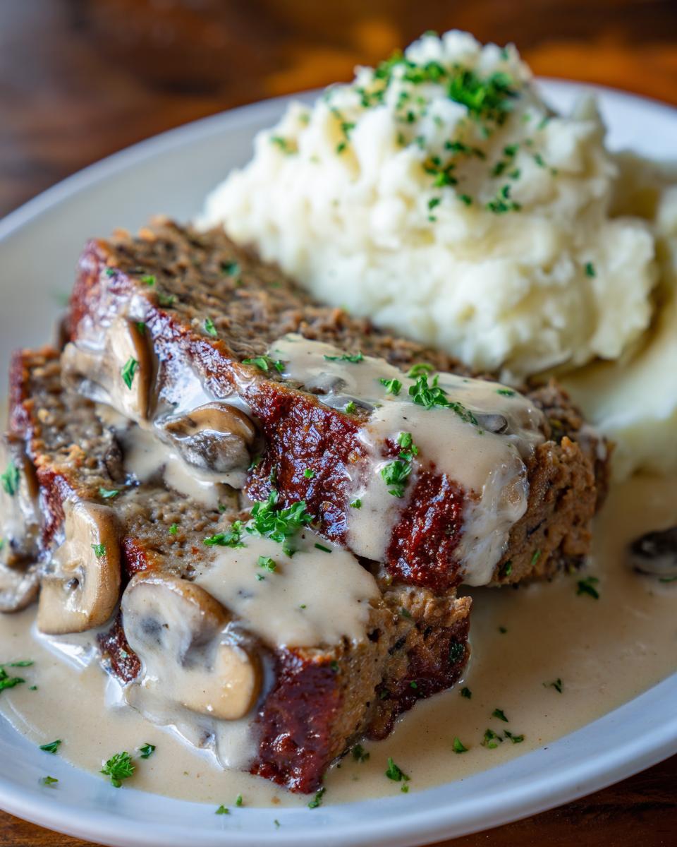 Zwei Scheiben Hackbraten mit cremiger Rahmsauce und Pilzen, dazu Kartoffelpüree.