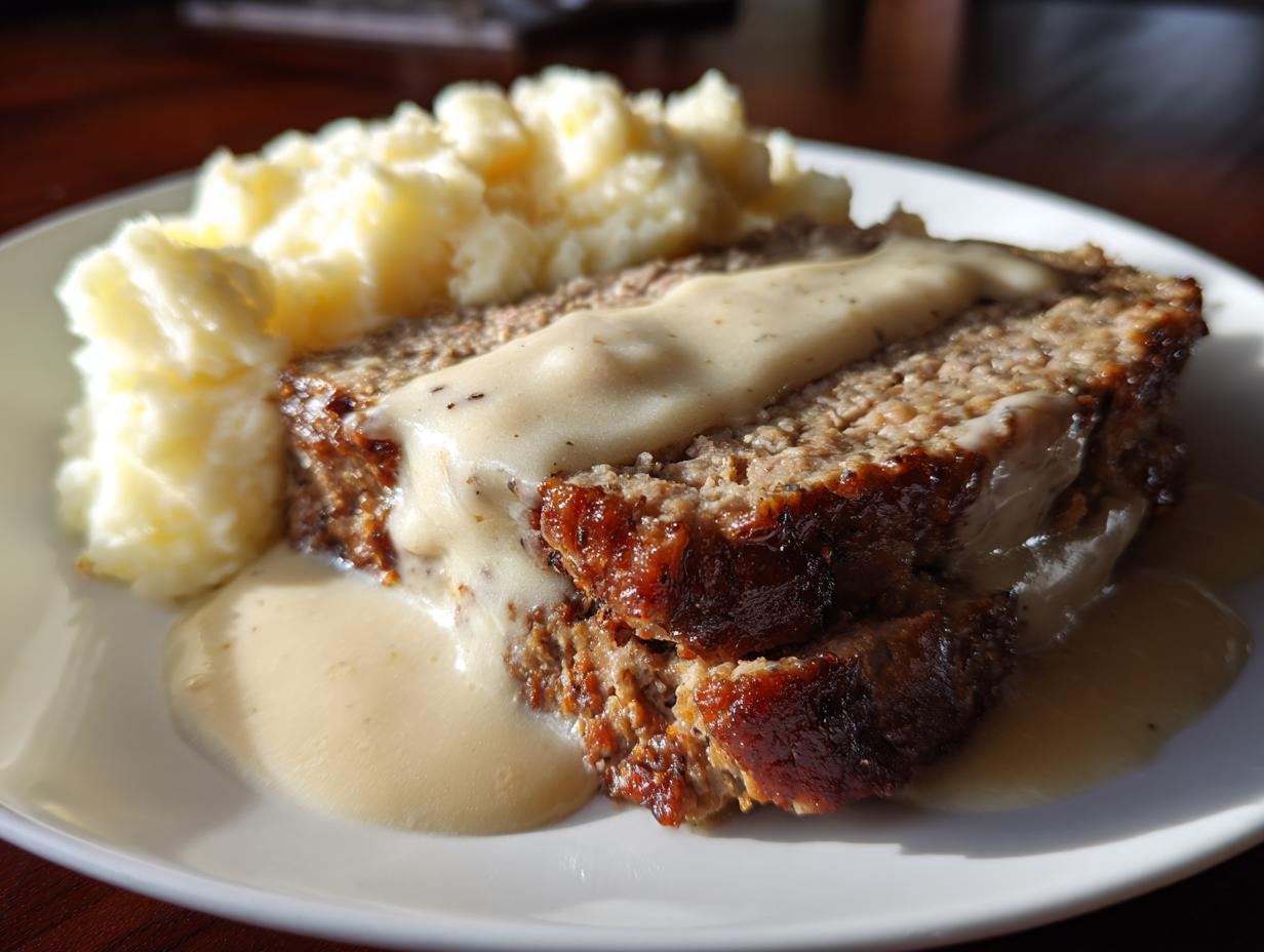 Zwei Scheiben Hackbraten mit cremiger Rahmsauce und einem Klecks Kartoffelpüree auf einem weißen Teller.