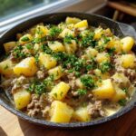 Nahaufnahme der fertigen Hackfleisch-Kartoffelpfanne in Rahm, reichlich mit Petersilie garniert.