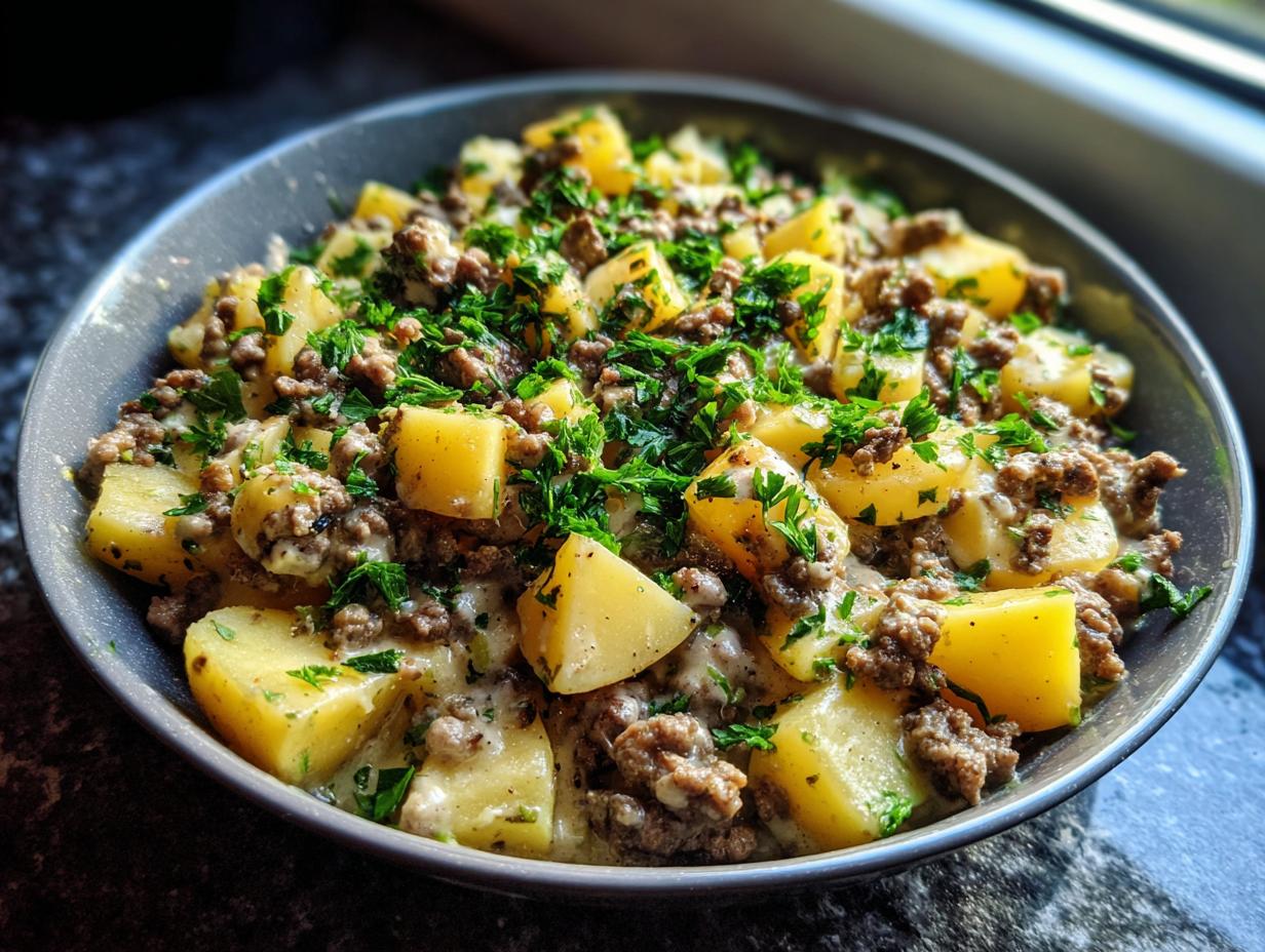Nahaufnahme einer Hackfleisch-Kartoffelpfanne in Rahm mit Petersilie garniert in einer grauen Schüssel.