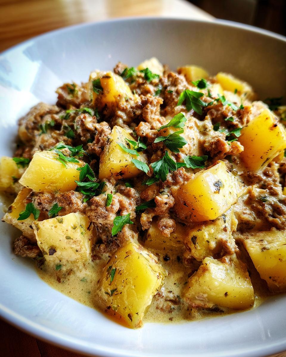 Cremige Hackfleisch-Kartoffelpfanne in Rahm mit Petersilie garniert in einer weißen Schüssel.