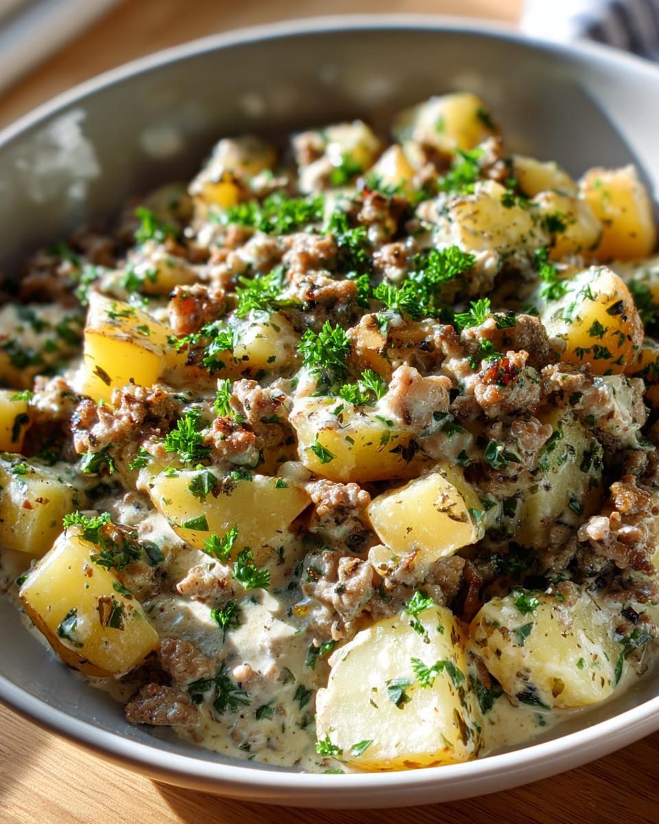 Nahaufnahme der fertigen Hackfleisch-Kartoffelpfanne in Rahm, garniert mit frischer Petersilie.