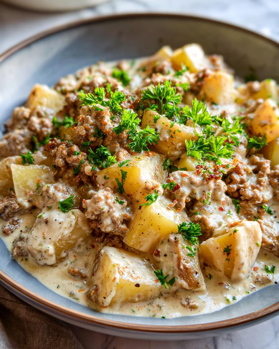 Nahaufnahme einer cremigen Hackflefleisch-Kartoffelpfanne in Rahm, garniert mit frischer Petersilie in einer blauen Schüssel.