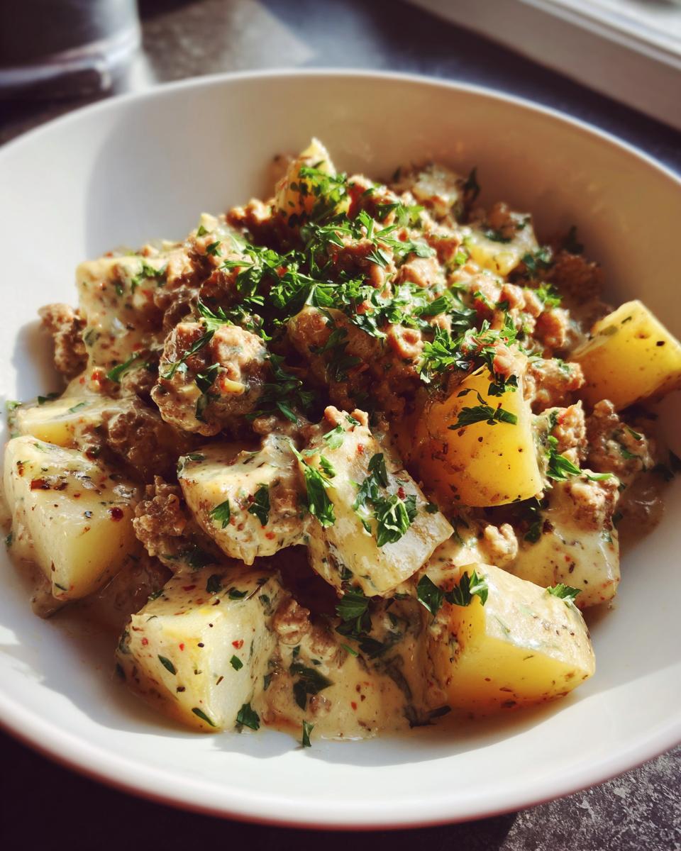 Eine Schale mit cremiger Hackfleisch-Kartoffelpfanne in Rahm, garniert mit frischer Petersilie.