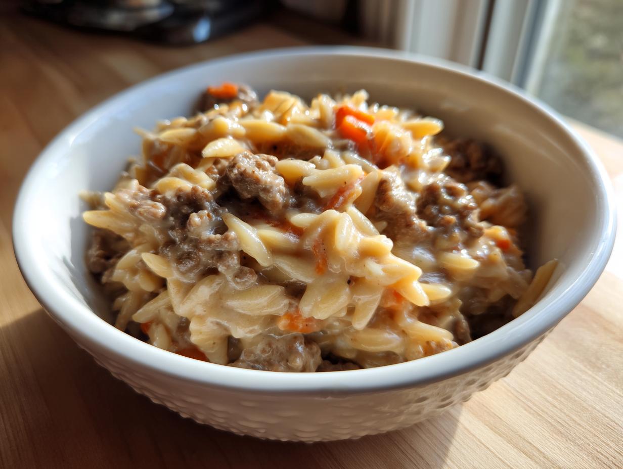 Nahaufnahme von Hackfleisch-Orzo in Sahnesauce in einer weißen Schüssel auf Holzuntergrund.
