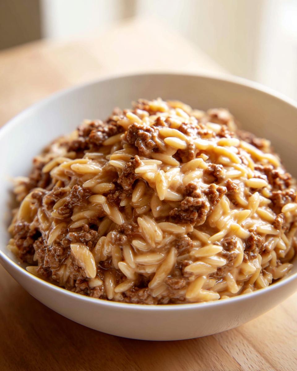 Nahaufnahme von Hackfleisch-Orzo in Sahnesauce in einer weißen Schüssel.