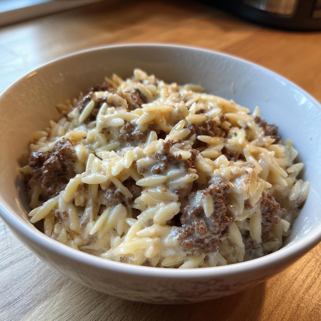 Nahaufnahme von cremigem Hackfleisch-Orzo in Sahnesauce in einer weißen Schüssel auf Holz.