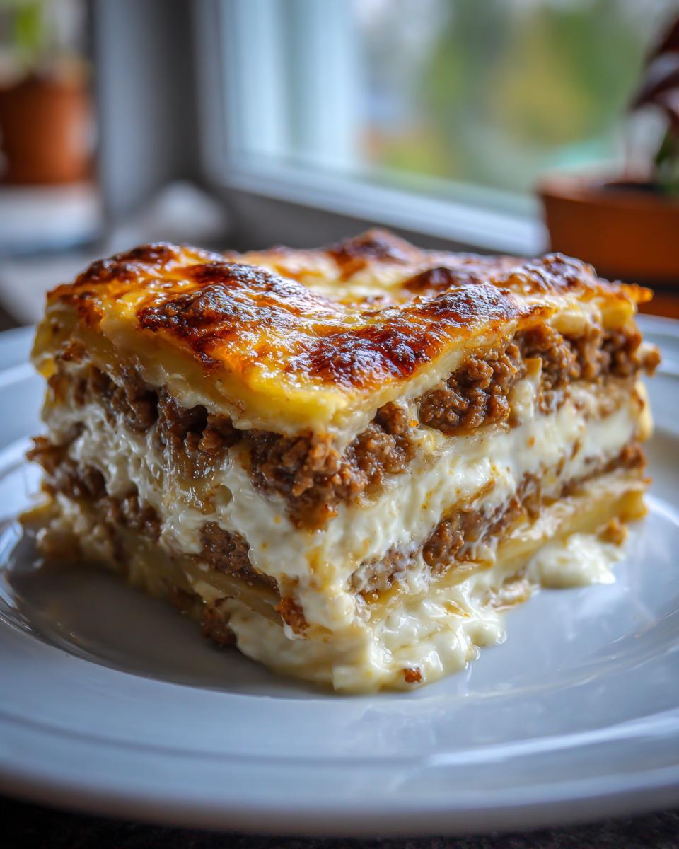 Ein dickes, saftiges Stück Hackfleischgratin mit Kartoffeln und Frischkäse auf einem weißen Teller.