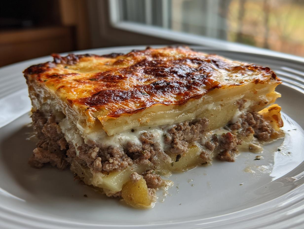 Ein saftiges Stück Hackfleischgratin mit Kartoffeln und einer goldbraunen Käsekruste auf einem weißen Teller.