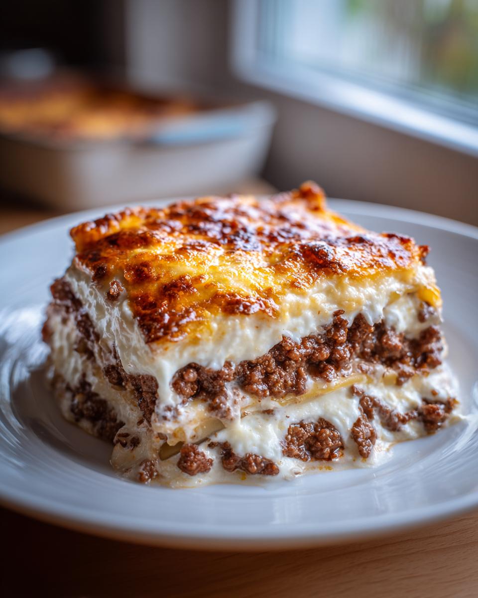 Ein saftiges Stück Hackfleischgratin mit Kartoffeln und Frischkäse, goldbraun überbacken.