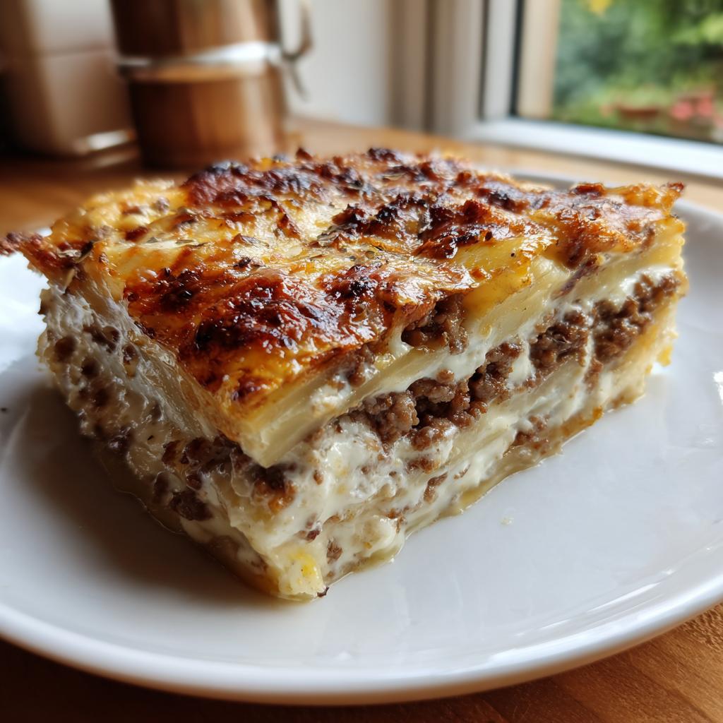 Ein saftiges Stück Hackfleischgratin mit Kartoffeln und Frischkäse auf einem weißen Teller.