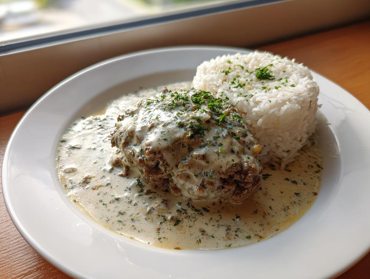 Eine Portion Hackfleischpfanne in Kräutersahne mit Reis auf einem weißen Teller, appetitlich angerichtet.