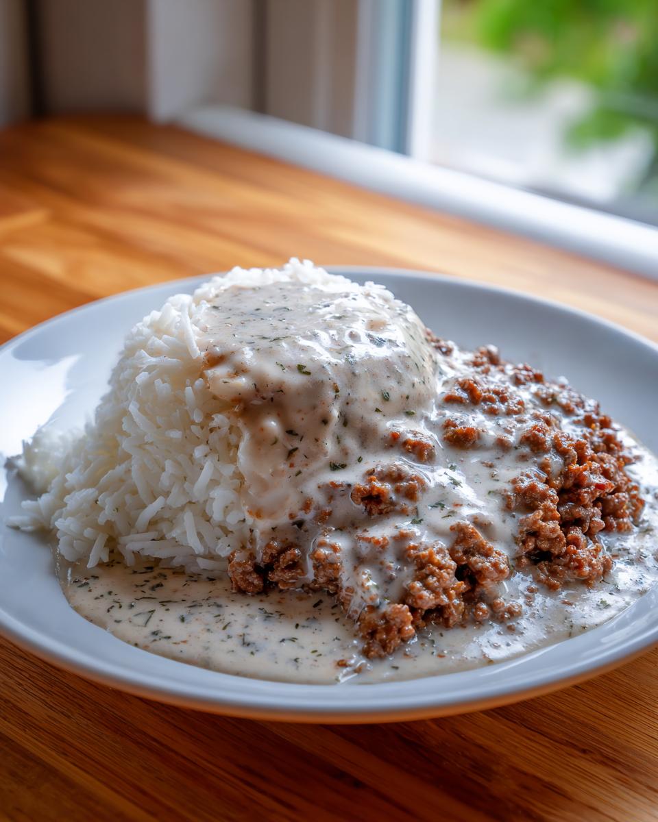Ein Teller mit fluffigem Reis und Hackfleischpfanne in Kräutersahne mit Reis, appetitlich angerichtet.