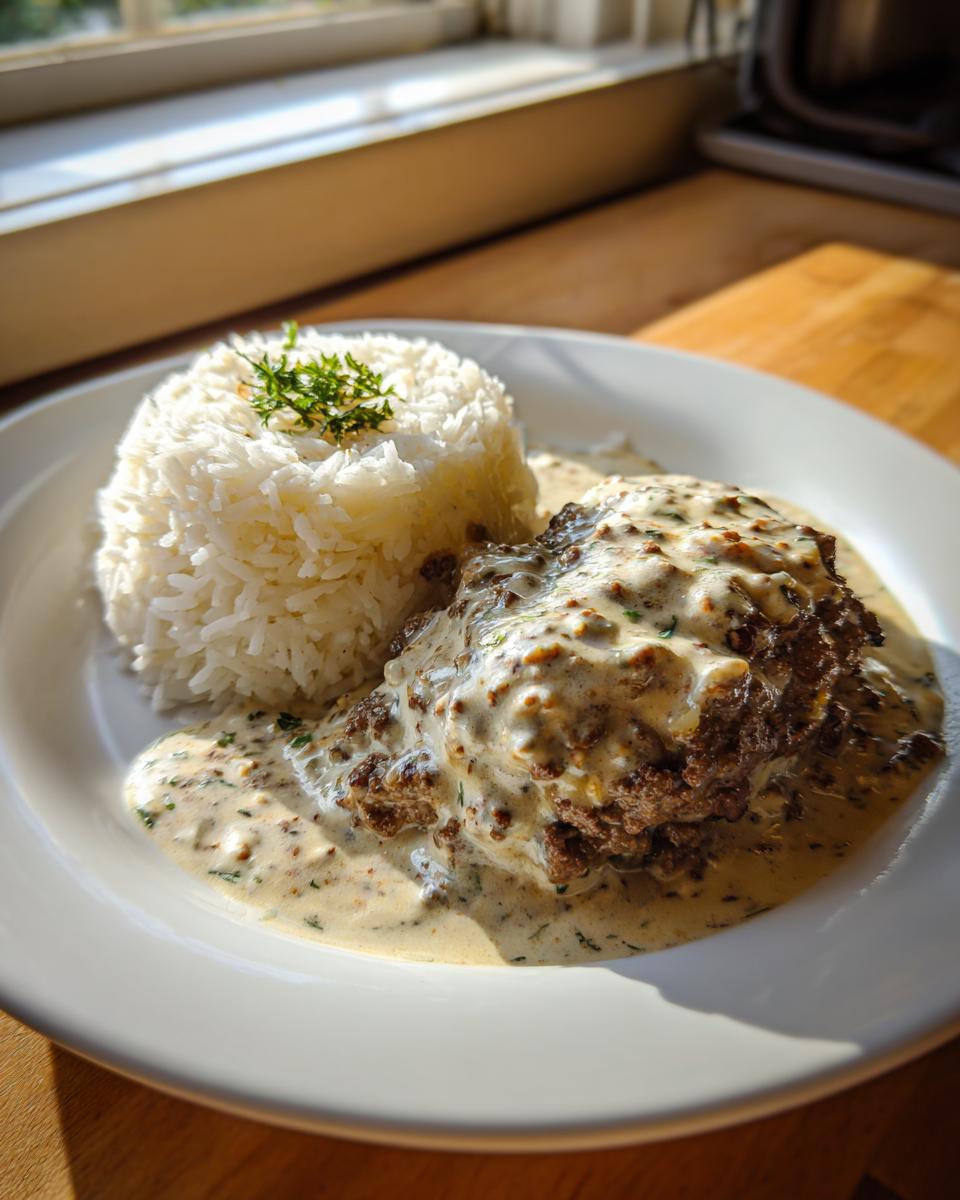 Teller mit Hackfleischpfanne in Kräutersahne und einem geformten Häufchen Reis, appetitlich angerichtet.