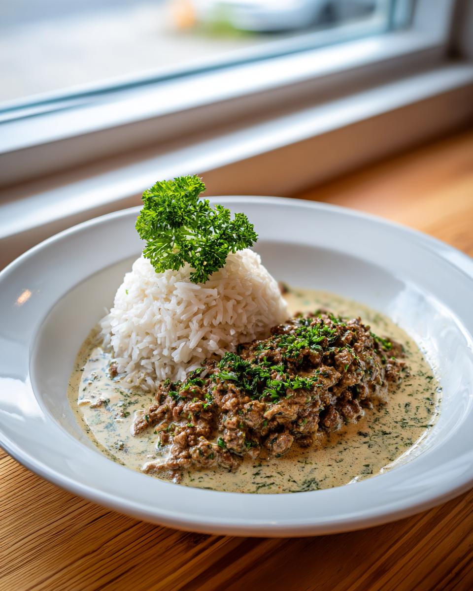 Teller mit Hackfleischpfanne in Kräutersahne und lockerem Reis, garniert mit Petersilie.