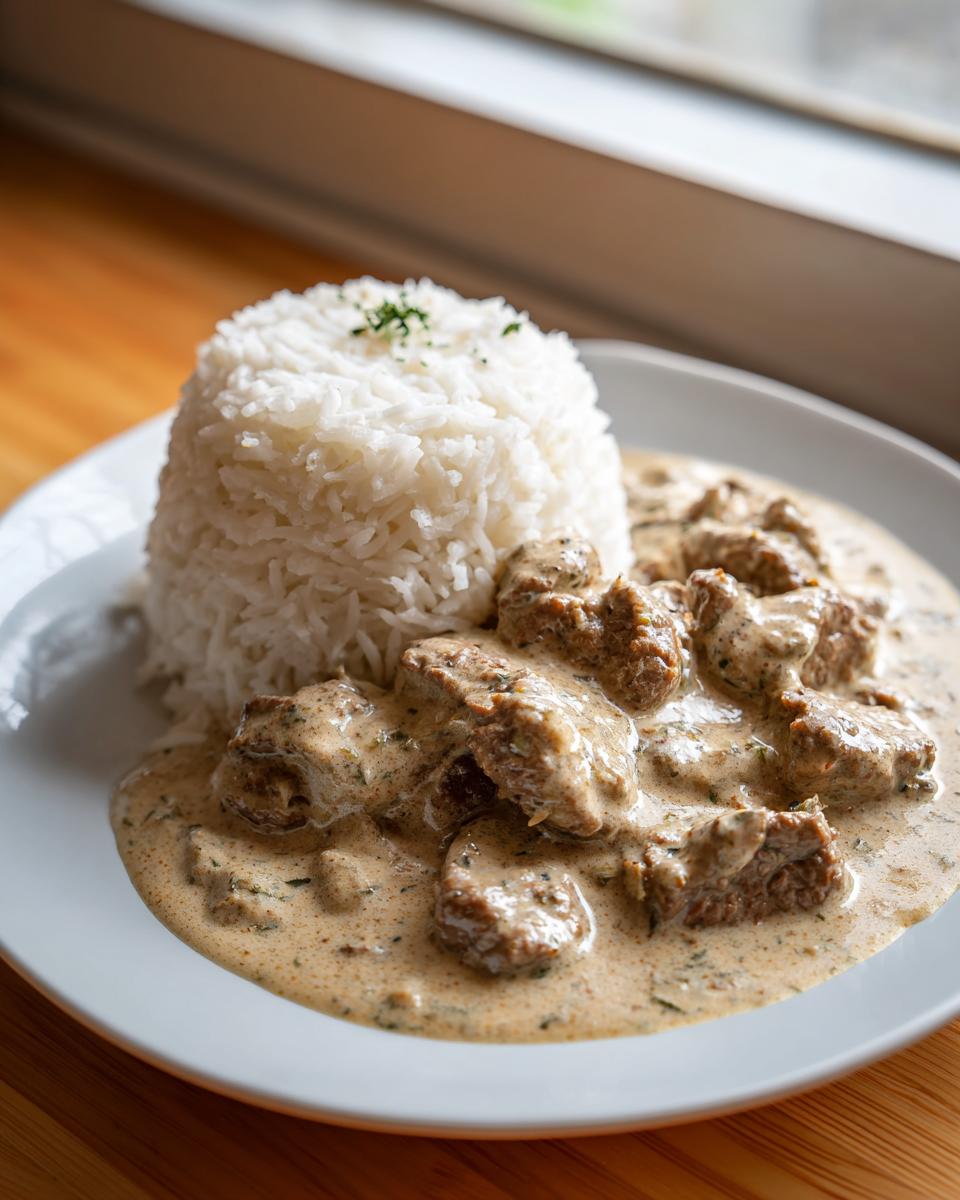Ein Teller mit Hackfleischpfanne in Kräutersahne und einem Berg lockerem Reis.