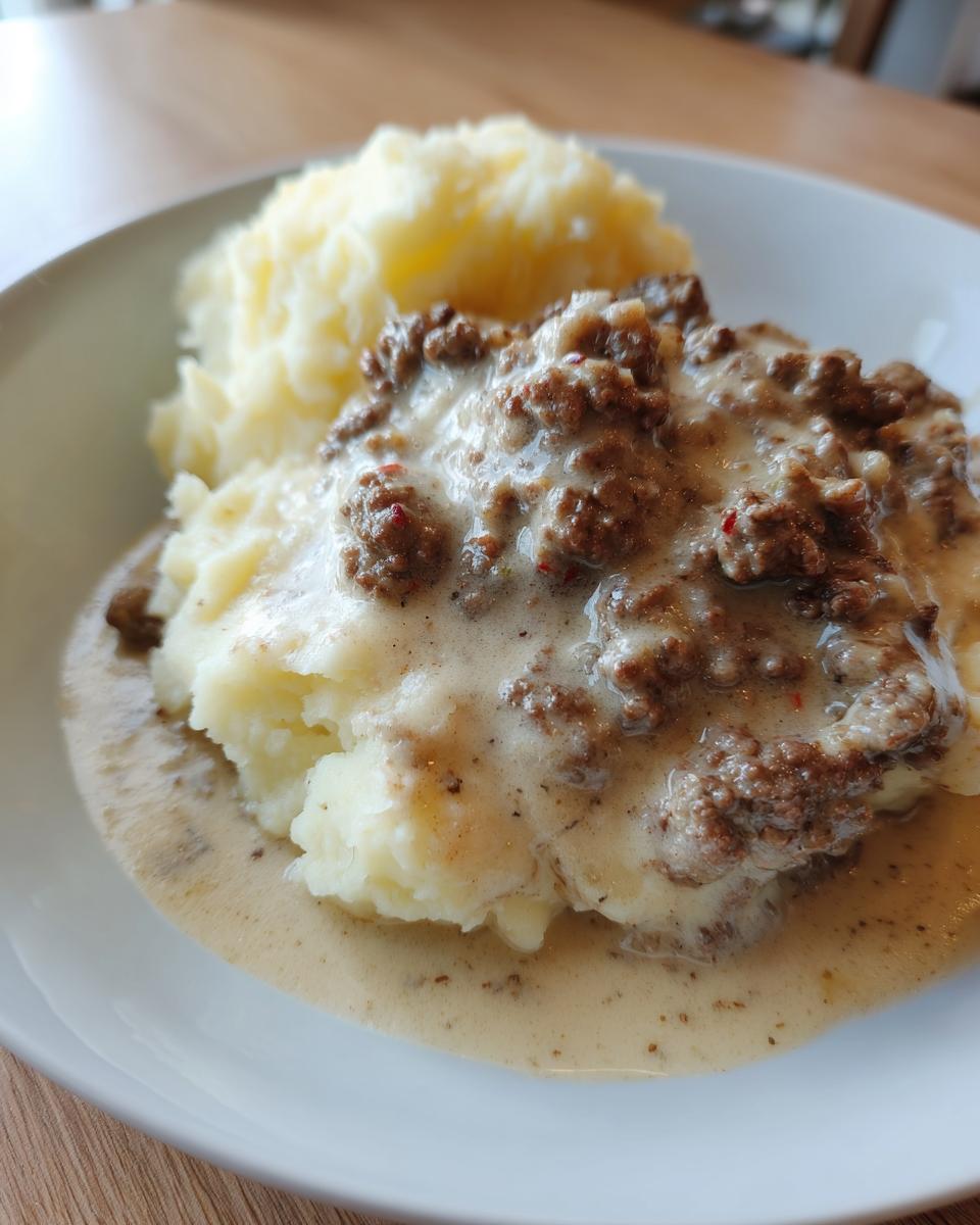 Teller mit cremiger Hackfleischpfanne in Sahnesauce, übergossen über lockerem Kartoffelstampf.