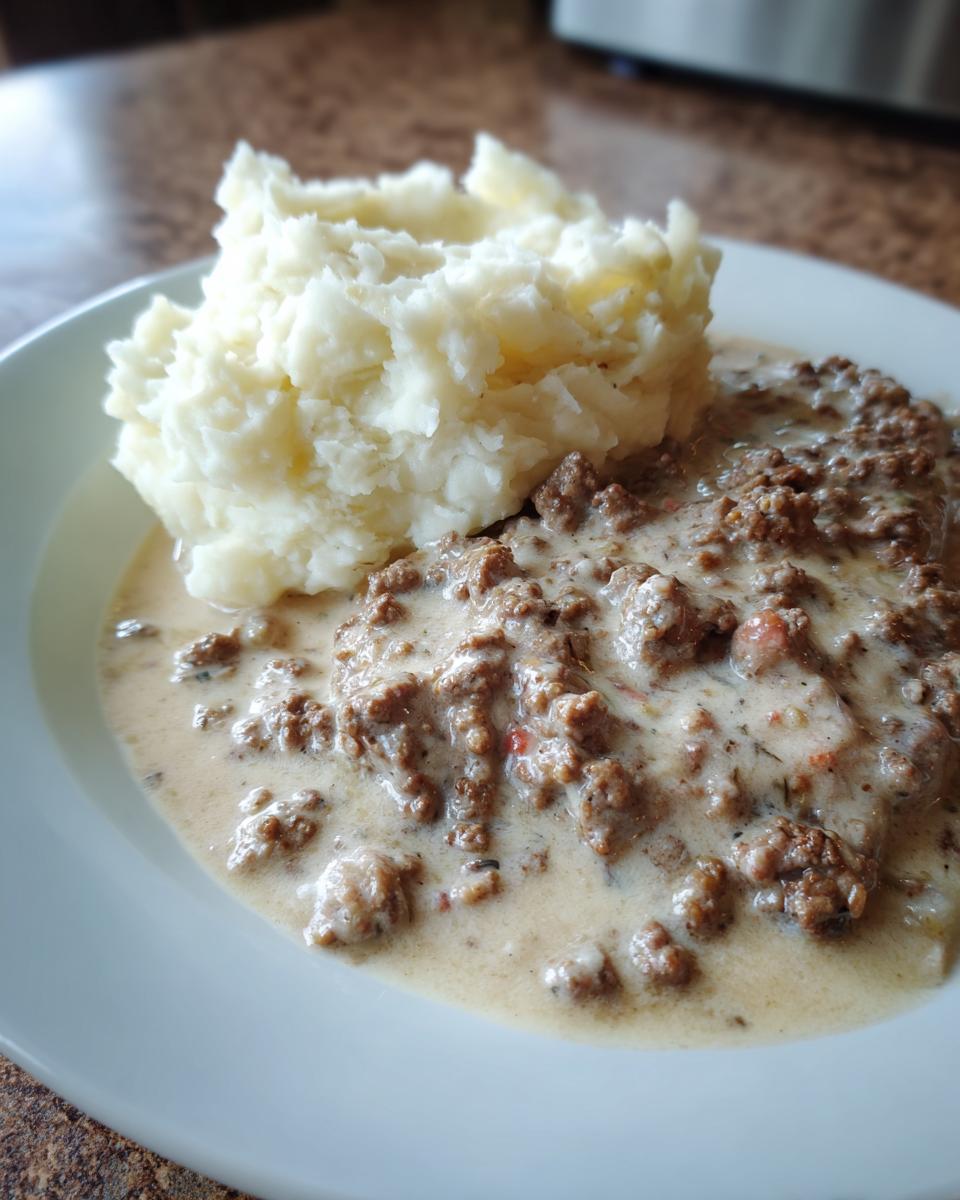 Teller mit cremiger Hackfleischpfanne in Sahnesauce und einer Portion lockerem Kartoffelstampf.