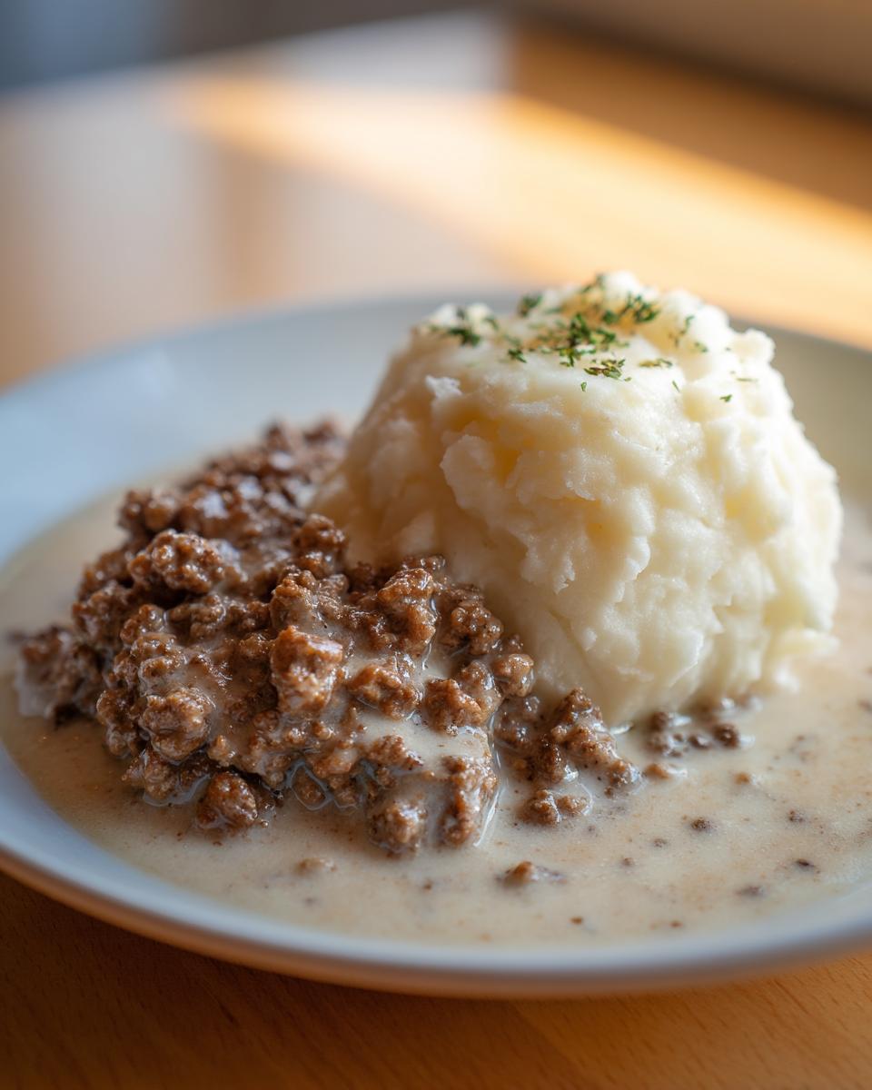 Ein Teller mit Hackfleischpfanne in Sahnesauce und einem großen Klecks Kartoffelstampf, garniert mit Petersilie.