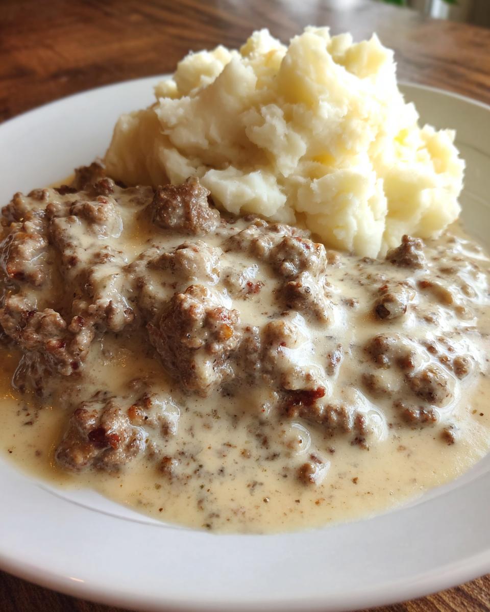 Teller mit cremiger Hackfleischpfanne in Sahnesauce und einer Portion lockerem Kartoffelstampf.
