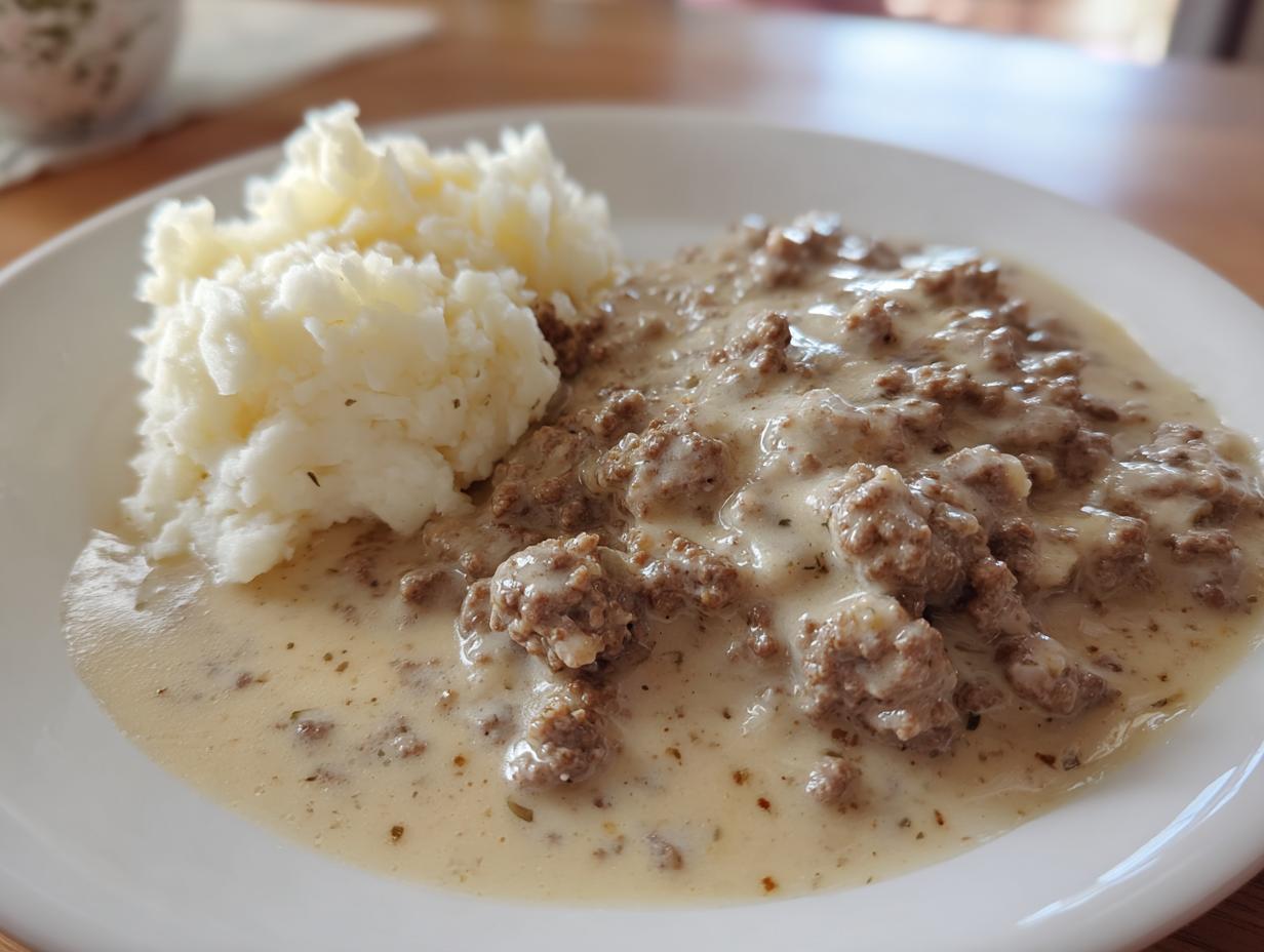 Ein Teller mit cremiger Hackfleischpfanne in Sahnesauce und einem Klecks lockerem Kartoffelstampf.