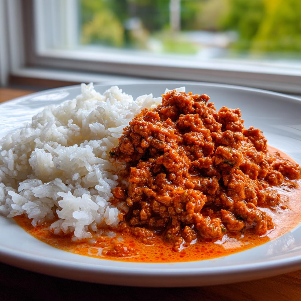Teller mit saftiger Hackfleischpfanne in Tomaten-Sahne und lockerem Reis.