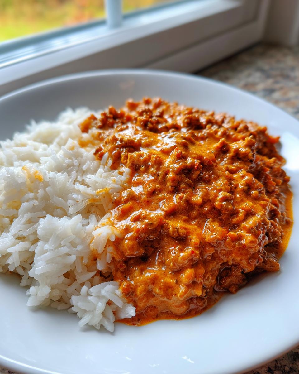 Teller mit cremiger Hackfleischpfanne in Tomaten-Sahne und lockerem Reis.