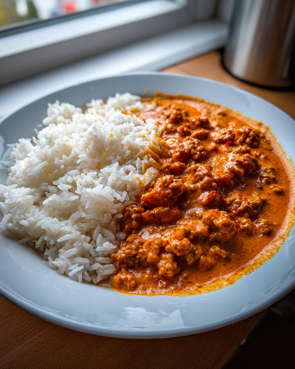 Teller mit cremiger Hackfleischpfanne in Tomaten-Sahne und lockerem Reis, perfekt für das Abendessen.