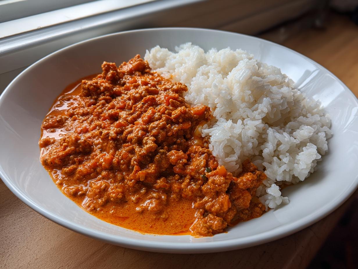 Eine Portion Hackfleischpfanne in Tomaten-Sahne mit lockerem Reis auf einem weißen Teller.