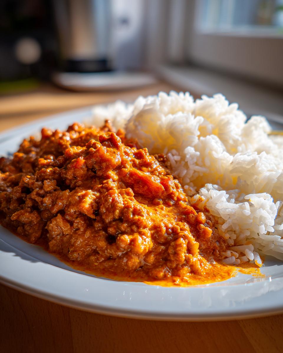 Nahaufnahme einer leckeren Hackfleischpfanne in Tomaten-Sahne, serviert mit fluffigem Reis auf einem weißen Teller.