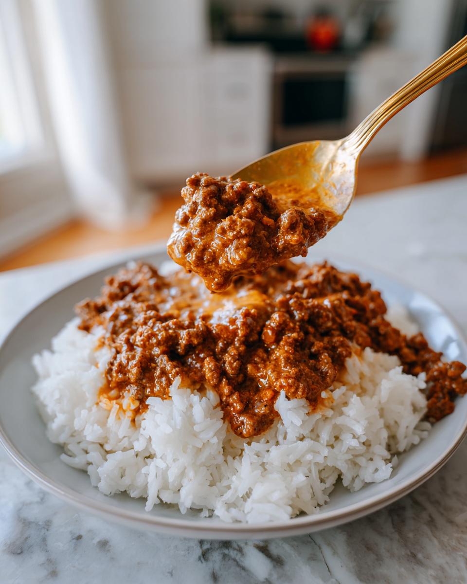 Eine goldene Kelle voll Hackfleischstroganoff mit Reis wird über einen Teller mit lockerem Reis gegossen.