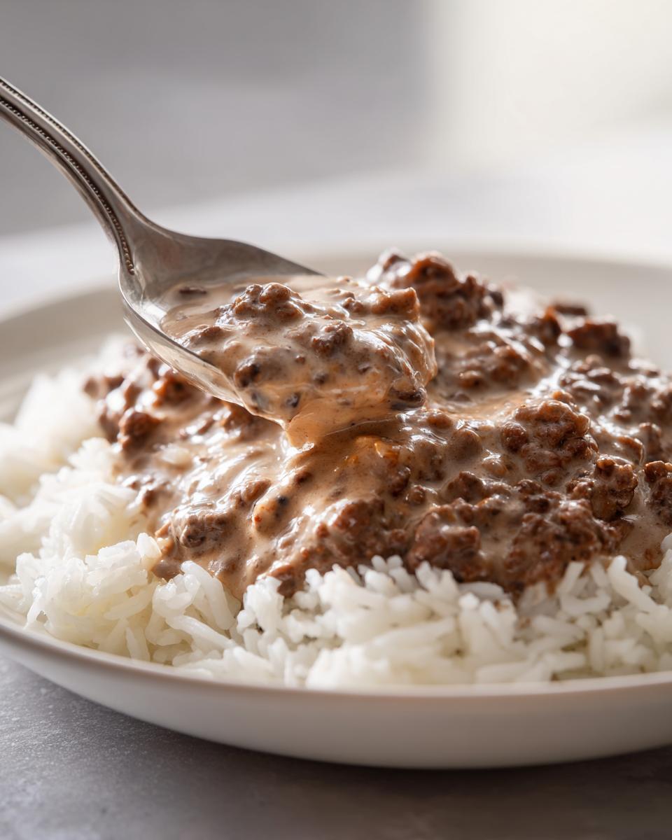 Ein Löffel mit cremigem Hackfleischstroganoff wird über einem Bett aus lockerem Reis serviert.