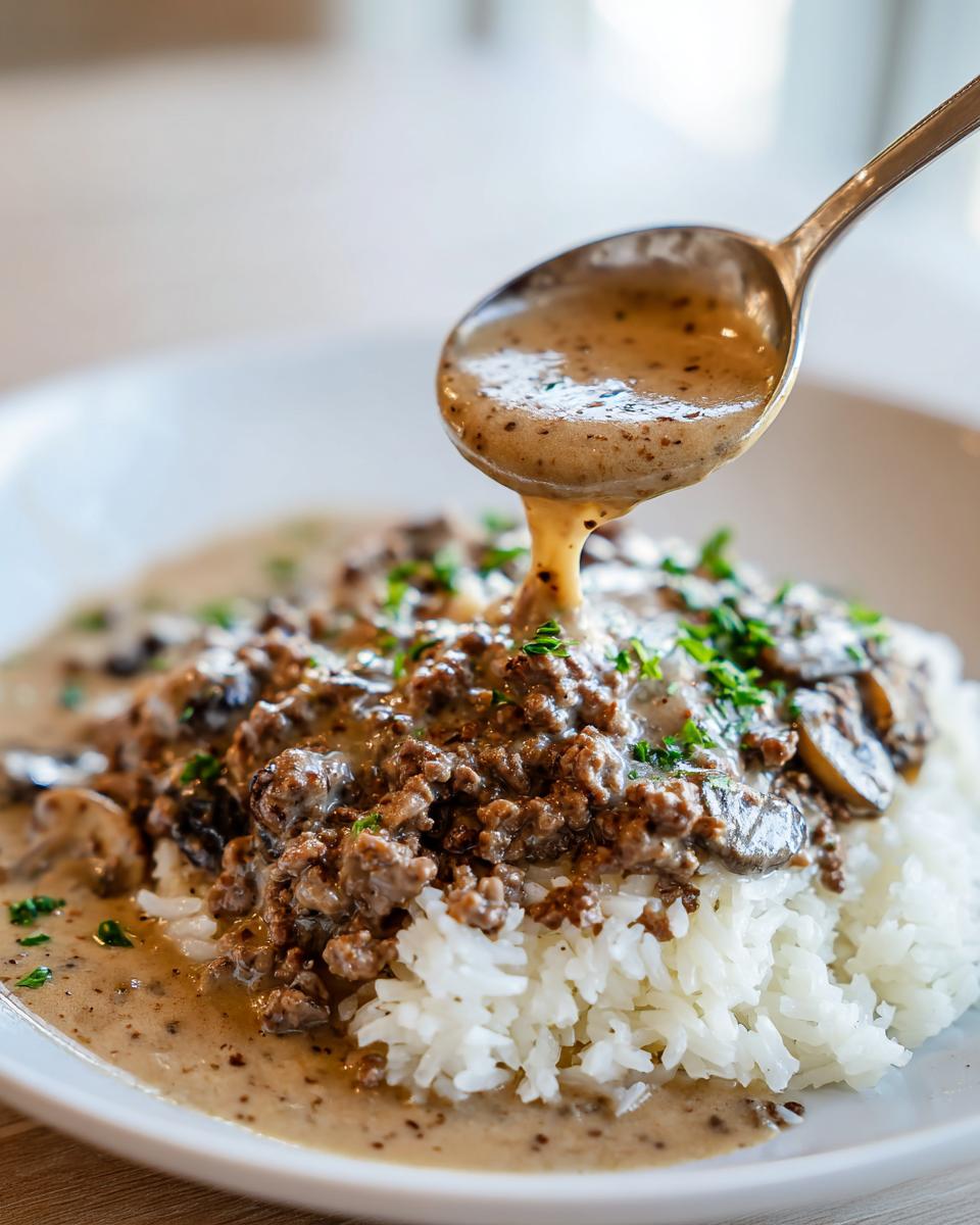 Eine Kelle cremige Soße wird über Hackfleischstroganoff mit Reis gegossen, garniert mit Petersilie.