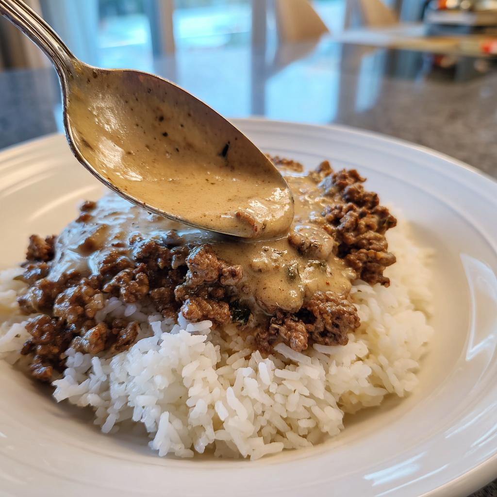 Eine Kelle cremige Soße wird über Hackfleisch und Reis gegossen, das fertige Hackfleischstroganoff mit Reis.